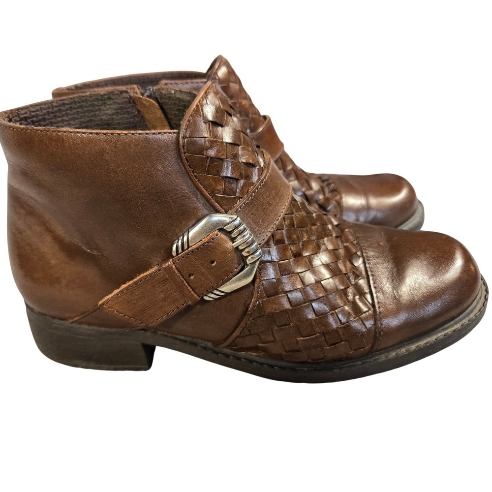 Woven Brwn Leather Brazilian Ankle Boots Buckle Detail Side Zip Block Heel